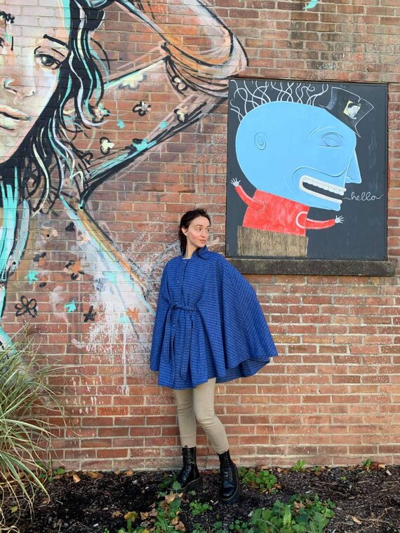 Vintage Blue Cape. Wool blend. 60's 70's. Wool cap
