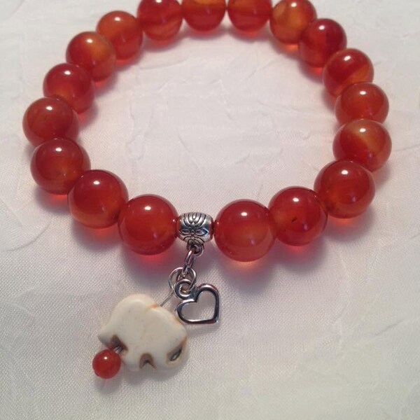 Carnelian Magnesite Prosperity Bracelet Elephant & Heart Charms Sacral-2nd Chakra -Aries Taurus Virgo Libra