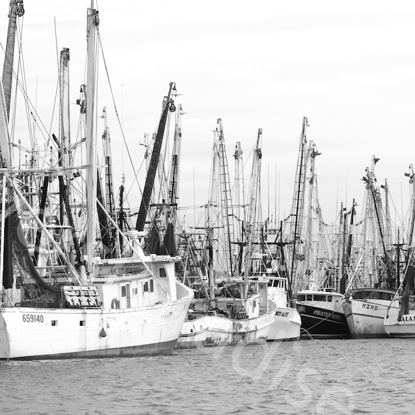 DIGITAL Black and White Fishing Boats // Black and White Nautical Photograph // Nautical Photography // Ft Myers Beach Photography