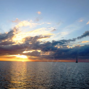 DIGITAL Sailboat at Sunset Photograph // Nautical Photography // Cloudy Sunset Photograph // Sailboat Picture