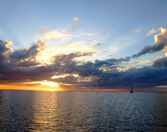 DIGITAL Sailboat at Sunset Photograph // Nautical Photography // Cloudy Sunset Photograph // Sailboat Picture