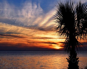 DIGITAL Colorful Cloudy Sunset Photograph // Florida Sunset Photography // Sunset Over Water