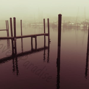 DIGITAL Foggy Marina Sepia Photograph // Marina in the Fog Photograph // The Moorings Marina in Carrabelle, Florida // Nautical Photography