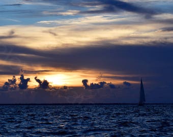 DIGITAL Nautical Photography // Sailboat at Sunset Photograph // Cloudy Sunset Photo // Sailboat Picture