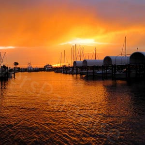 DIGITAL Marina Sunset Photograph // Nautical Photography // Orange Sunset with Boats
