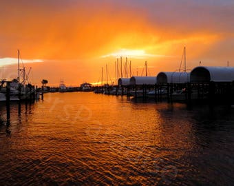 DIGITAL Marina Sunset Photograph // Nautical Photography // Orange Sunset with Boats