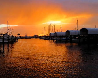 DIGITAL Marina Sunset Photograph // Nautical Photography // Orange Sunset with Boats