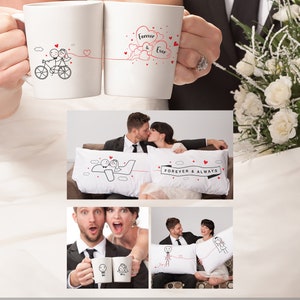 BoldLoft I Do I Do  Wedding Series for bride and groom offers various designs on couple pillowcases, couple mugs, and drinking glasses, featuring two endearing stick figure representations of a bride and groom, perfect for wedding couples.