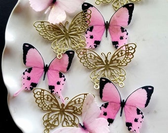 Baby Pink and Shimmering Gold Edible Butterflies Cakes-Cupcake Toppers; Set of 12