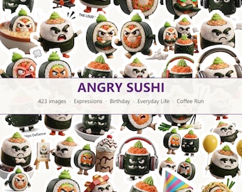 Imágenes prediseñadas de sushi enojado, 423 imágenes imprimibles, personajes de comida japonesa (descarga digital)