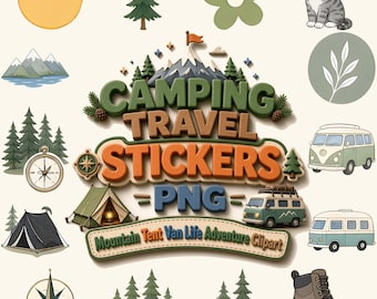 Pegatinas de viaje y camping, 15 imágenes PNG troqueladas, imágenes prediseñadas de aventura (descarga digital)