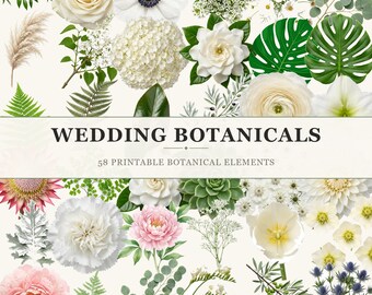 58 imágenes prediseñadas botánicas para bodas, elementos florales y vegetales (descarga digital)