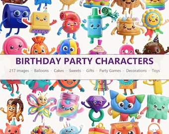 Paquete de 217 imágenes prediseñadas para fiestas de cumpleaños: globos, pasteles, personajes (descarga digital).