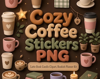 Pegatinas con motivos de café y libros, 15 imágenes PNG troqueladas para agendas (descarga digital)