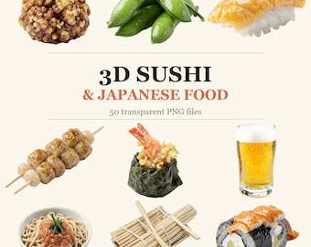 Paquete de imágenes PNG de sushi y comida japonesa en 3D (50 archivos + hojas de pegatinas)