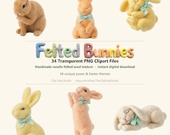 Imágenes prediseñadas de conejitos de Pascua hechos con fieltro de aguja, 34 archivos PNG transparentes (descarga digital)