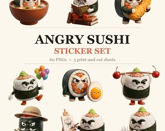 Conjunto de pegatinas de sushi enojado / 60 imágenes PNG de comida japonesa kawaii (descarga digital)