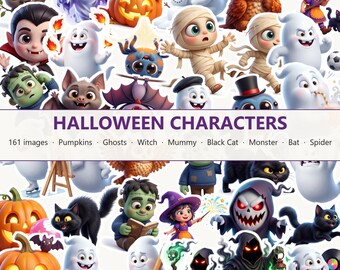 161 imágenes prediseñadas de personajes de Halloween: fantasmas, calabazas, brujas (descarga digital)