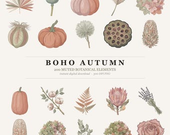 Paquete de imágenes prediseñadas botánicas otoñales de estilo bohemio, 200 imágenes PNG de otoño en tonos suaves (descarga digital)