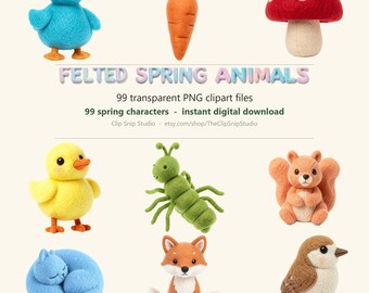 Paquete de imágenes prediseñadas de animales de primavera hechos con fieltro de aguja, 99 archivos PNG transparentes (descarga digital)