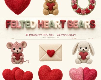 Paquete de imágenes prediseñadas de San Valentín hechas con fieltro de aguja, 41 archivos PNG transparentes (descarga digital)