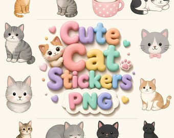 15 pegatinas troqueladas de gatos, archivos PNG transparentes para planificación digital (descarga digital)