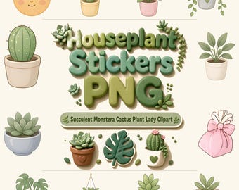 Pegatinas acogedoras para plantas de interior, 15 imágenes PNG troqueladas (descarga digital)