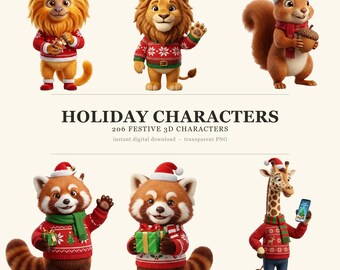 Paquete de imágenes prediseñadas navideñas, 206 imágenes PNG de animales navideños, personajes de suéteres navideños feos en 3D (descarga digital)