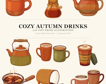 208 imágenes PNG de bebidas otoñales acogedoras: Latte, té, sidra (descarga digital)