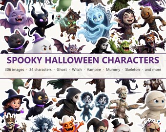Paquete de imágenes prediseñadas de personajes espeluznantes de Halloween, 306 imágenes imprimibles (descarga digital)