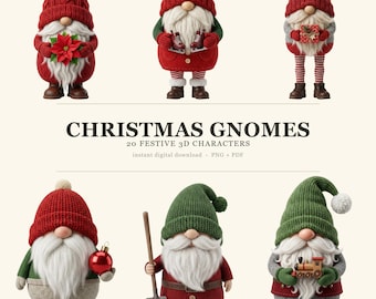 Paquete de 20 imágenes prediseñadas de gnomos festivos en 3D, personajes Tomte escandinavos (descarga digital)
