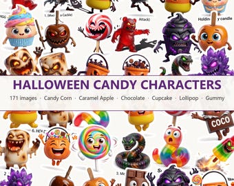 Imágenes prediseñadas de personajes de dulces de Halloween, 171 imágenes imprimibles (descarga digital)