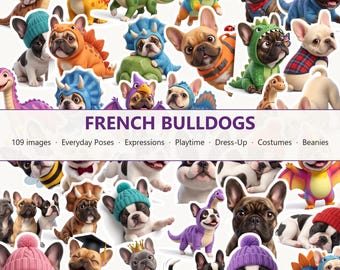 Imágenes prediseñadas de bulldog francés, 109 imágenes imprimibles de bulldog francés, disfraces, gorros (descarga digital)