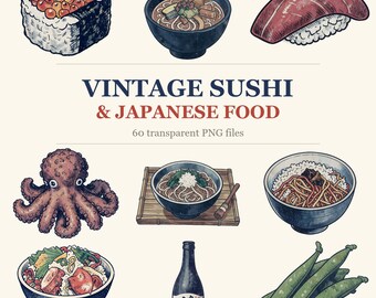 Ilustraciones antiguas de comida japonesa grabadas en madera: sushi, ramen, sake (60 archivos PNG)