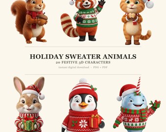 20 animales navideños en 3D con suéteres navideños, paquete de imágenes PNG de personajes navideños (descarga digital)