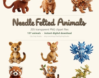 Paquete de imágenes prediseñadas de animales de lana fieltrada con aguja, 205 archivos PNG transparentes (descarga digital)