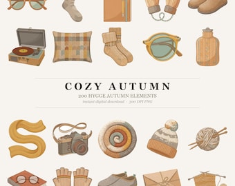 Paquete de imágenes prediseñadas Hygge otoñales acogedoras, 200 elementos de otoño (descarga digital)