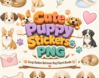 15 pegatinas de cachorros en acuarela, imágenes prediseñadas de Corgi y Golden Retriever (descarga digital)