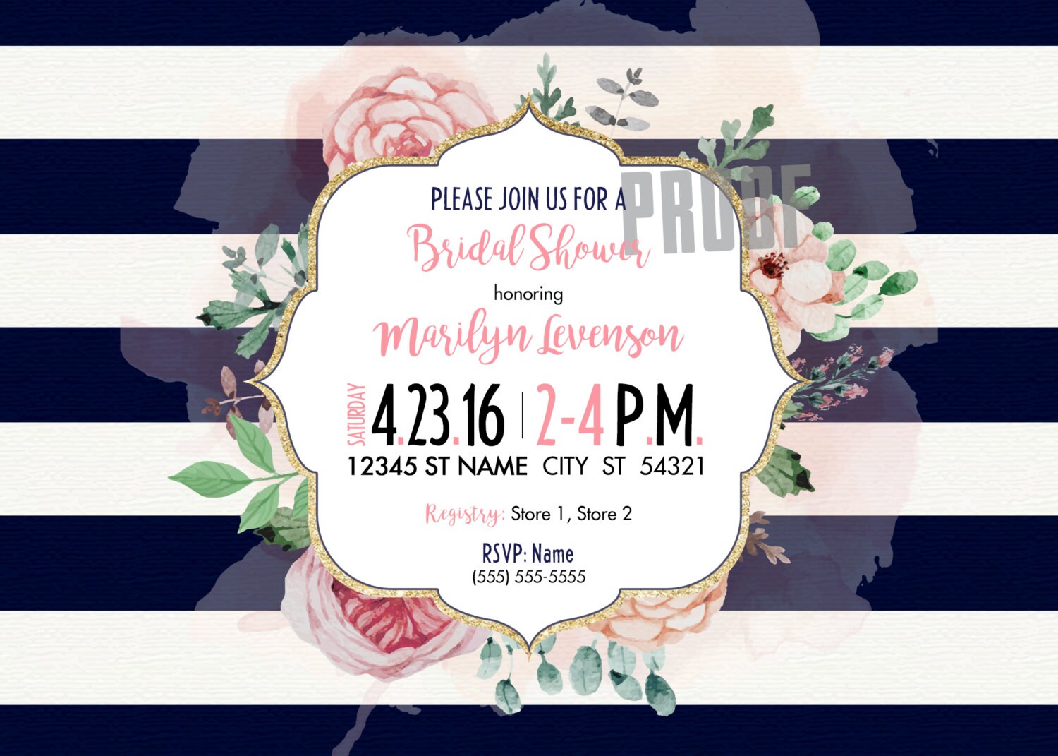 Printable Invitation - Floral/stripes Any Occasion - Digital File (5x7 ...