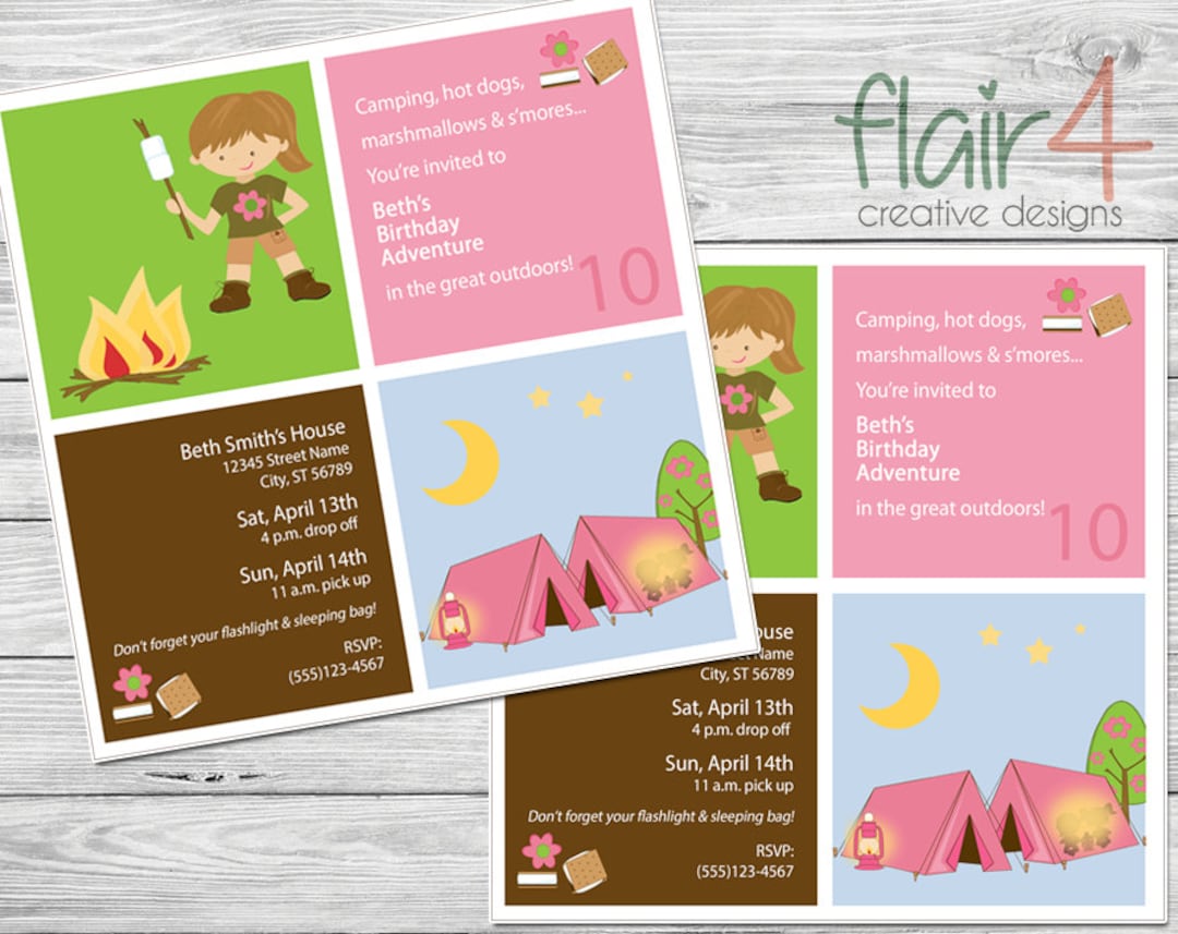 Printable Camping Invitation - Girl's Camp Out Birthday Invitation ...