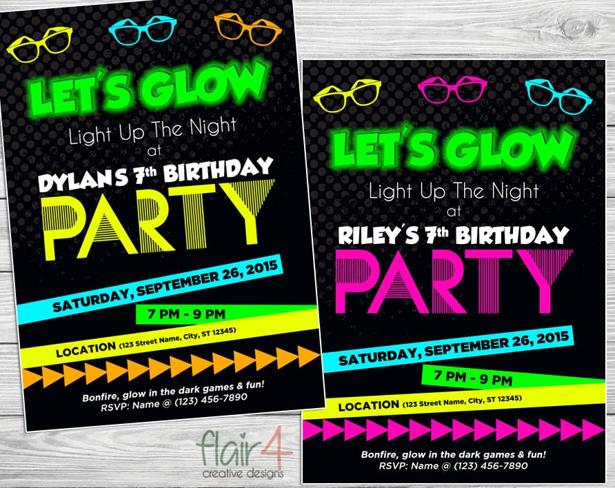 Printable Neon Invitation Glow / Neon / Bright Party Birthday