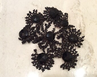 Antique Black Beading, Vintage Mourning Victorian Black Faceted Glass Beaded Piece for Repair Work, Vintage Beads, Vintage Mourning MRS271