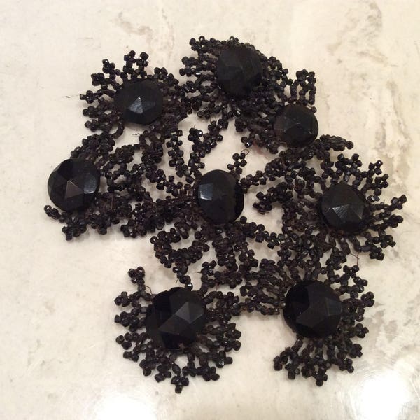 Antique Black Beading, Vintage Mourning Victorian Black Faceted Glass Beaded Piece for Repair Work, Vintage Beads, Vintage Mourning MRS271