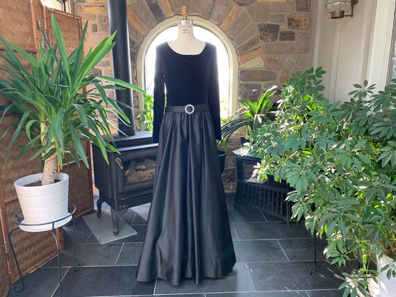 Vintage Black Velvet Satin Rhinestone Formal Dress