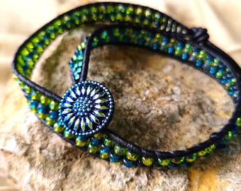 Handmade teal blue and green beaded leather wrap bracelet