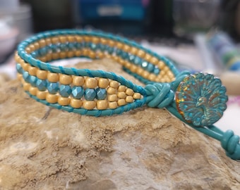 Handmade gold and turquoise beaded leather wrap bracelet