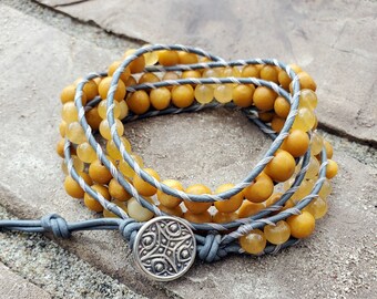 Handmade Boho style triple wrap leather, yellow marble and jade beaded bracelet