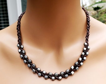 Braided leather and square silver metal bead necklace