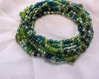 Greens and gold multi-wrap seed bead and Swarovski crystal stretch bracelet/necklace