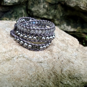 Handmade Boho style triple wrap leather beaded bracelet with labradorite and Swarovski pearls